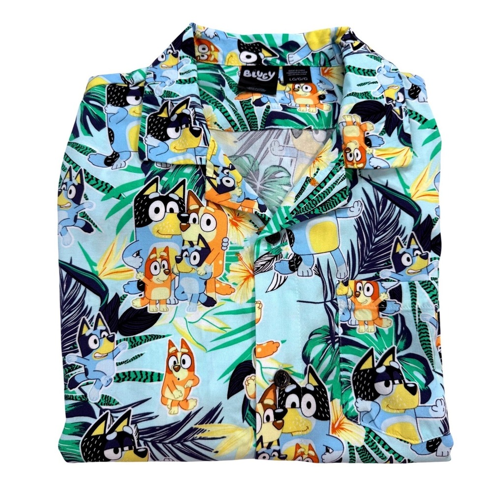 Bluey Button Down Shirt Mens Large Blue Excellent Tropical Floral Hawaiian Print